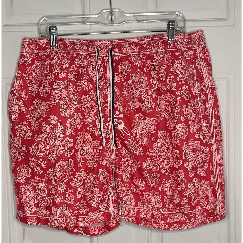 Psycho Bunny Men's Large Pink Red Paisley Swim Shorts Trunks Board Lined Skulls
